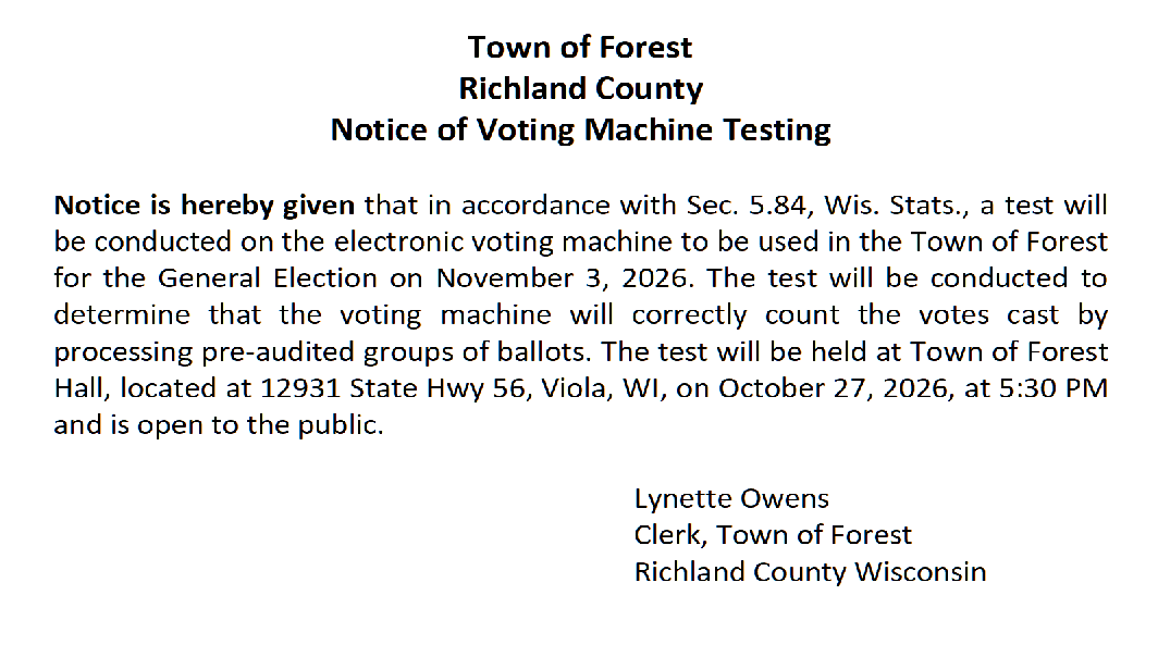 Notice of Voting Machine Test Oct 27, 5:30 pm
